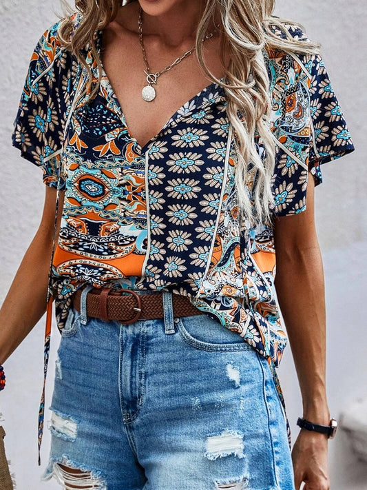 Printed Tie Neck Short Sleeve Blouse - Elegant 21