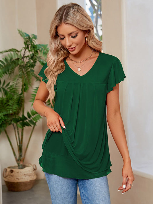 Ruched V-Neck Short Sleeve T-Shirt - Elegant 21